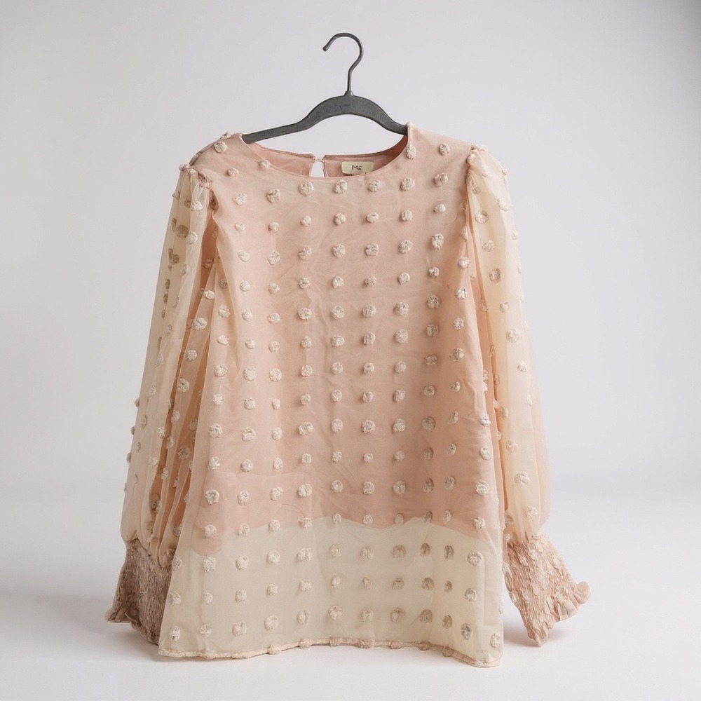 Swiss Dot Blush Pink Blouse Pom Pom Smocked Cuff Mesh Top L Coquette Aesthetic‎
